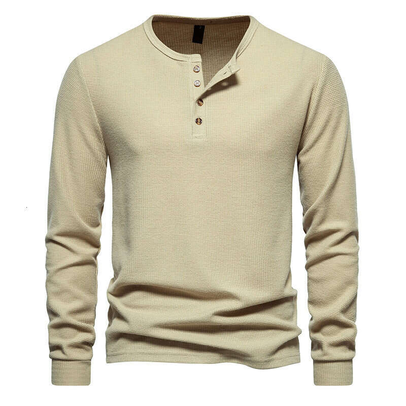 Amazon's new autumn and winter for men, four-button waffle knit Henry collar men's long-sleeve T-shirt