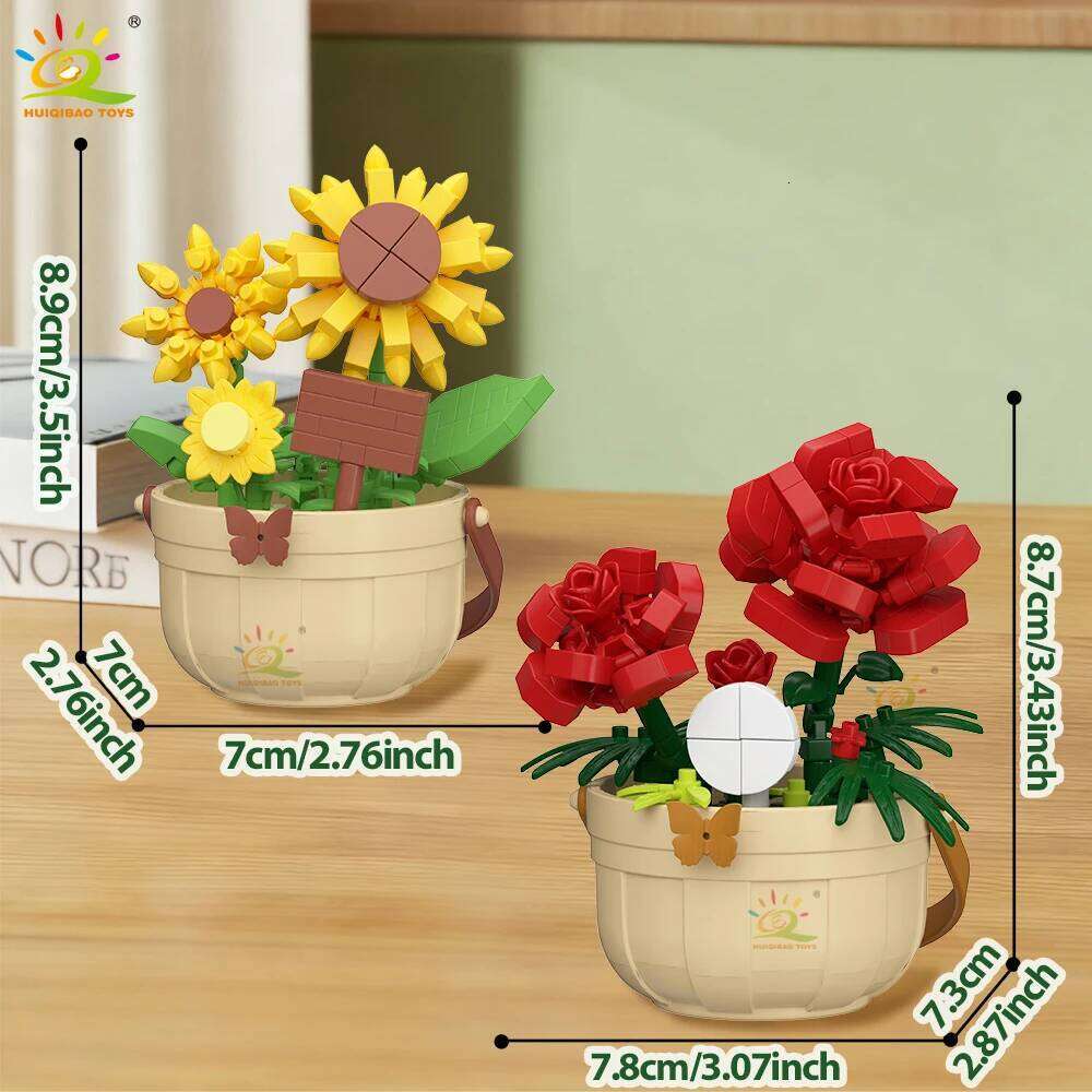 HUIQIBAO MOC Flower Micro Building Block DIY Rose Sunflower Pot Bouquet Mini Diamond Model Brick Toy for Children Desk Decor. Z260306