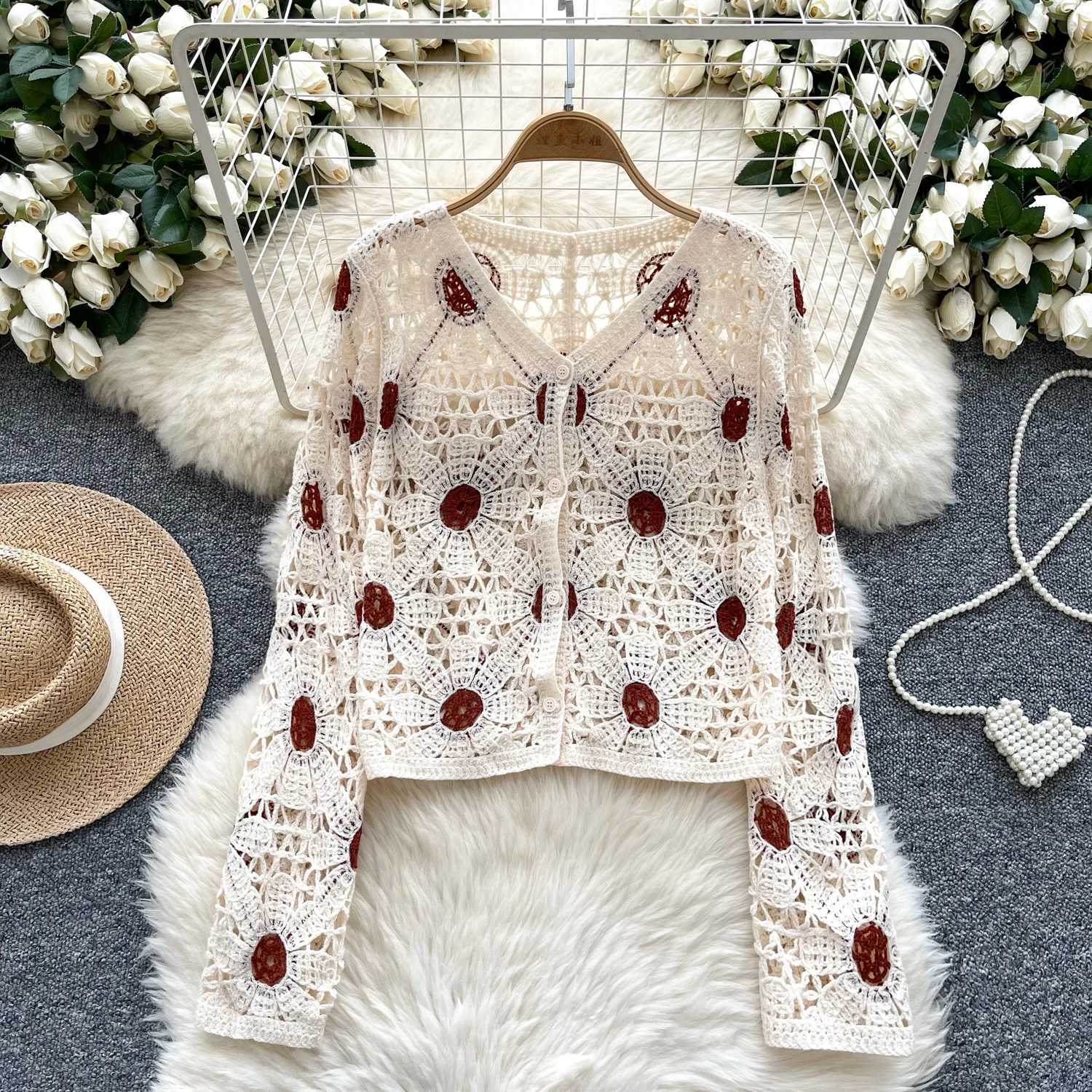 Crochet Top Women Long Sleeve Floral OpenStitch Knit Cardigan Embroidered Button Up Blouse Boho Resort Wear Spring Summer 2026 M260306