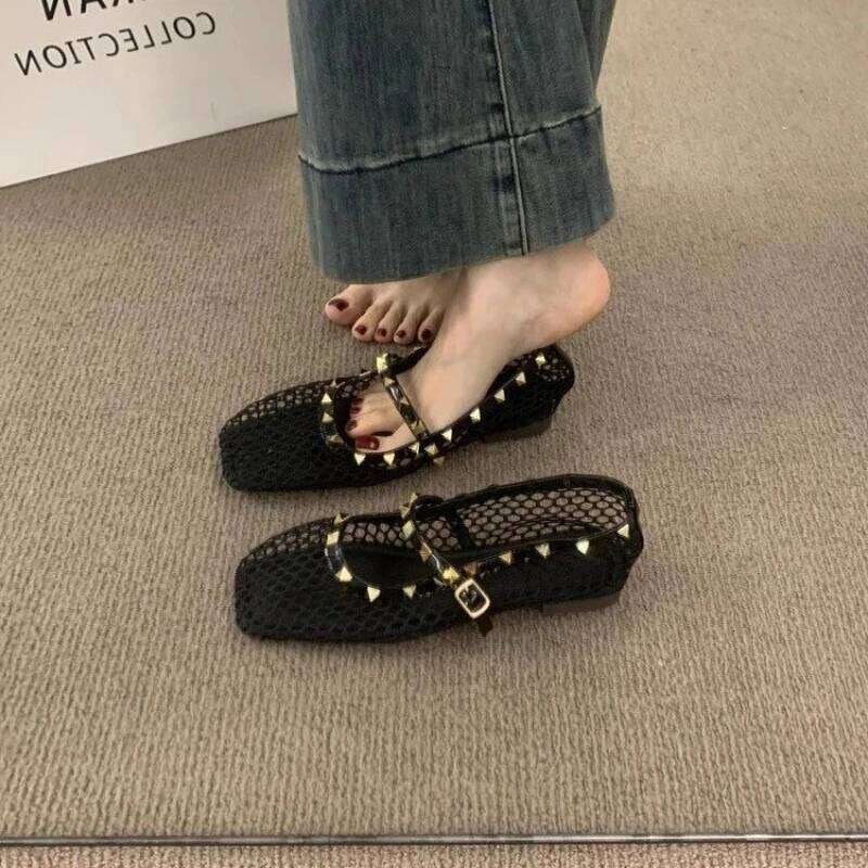 Summer Rhinestone Mesh Hollow Sandals Women Flats Shallow 2025 New Mary Jane Comfort Luxury Female Flat Shoes