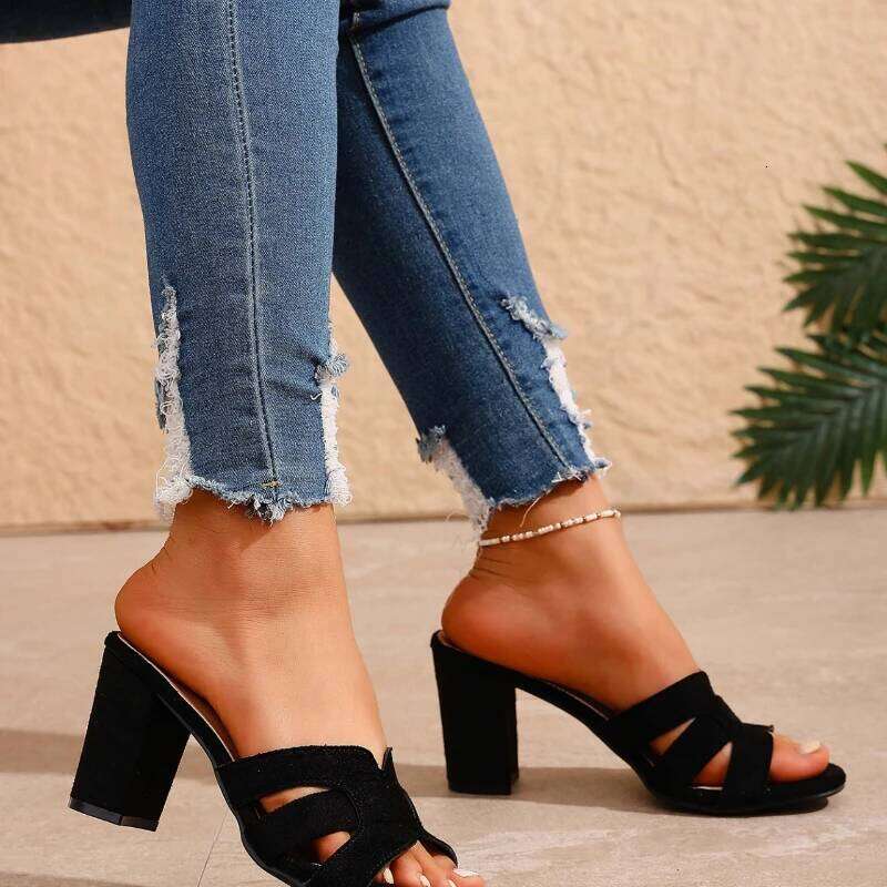 2025 New Fashionable Women's Thick Sandals Comfortable Square Heel Bare Toe Non slip Slippers Black Casual High Heels