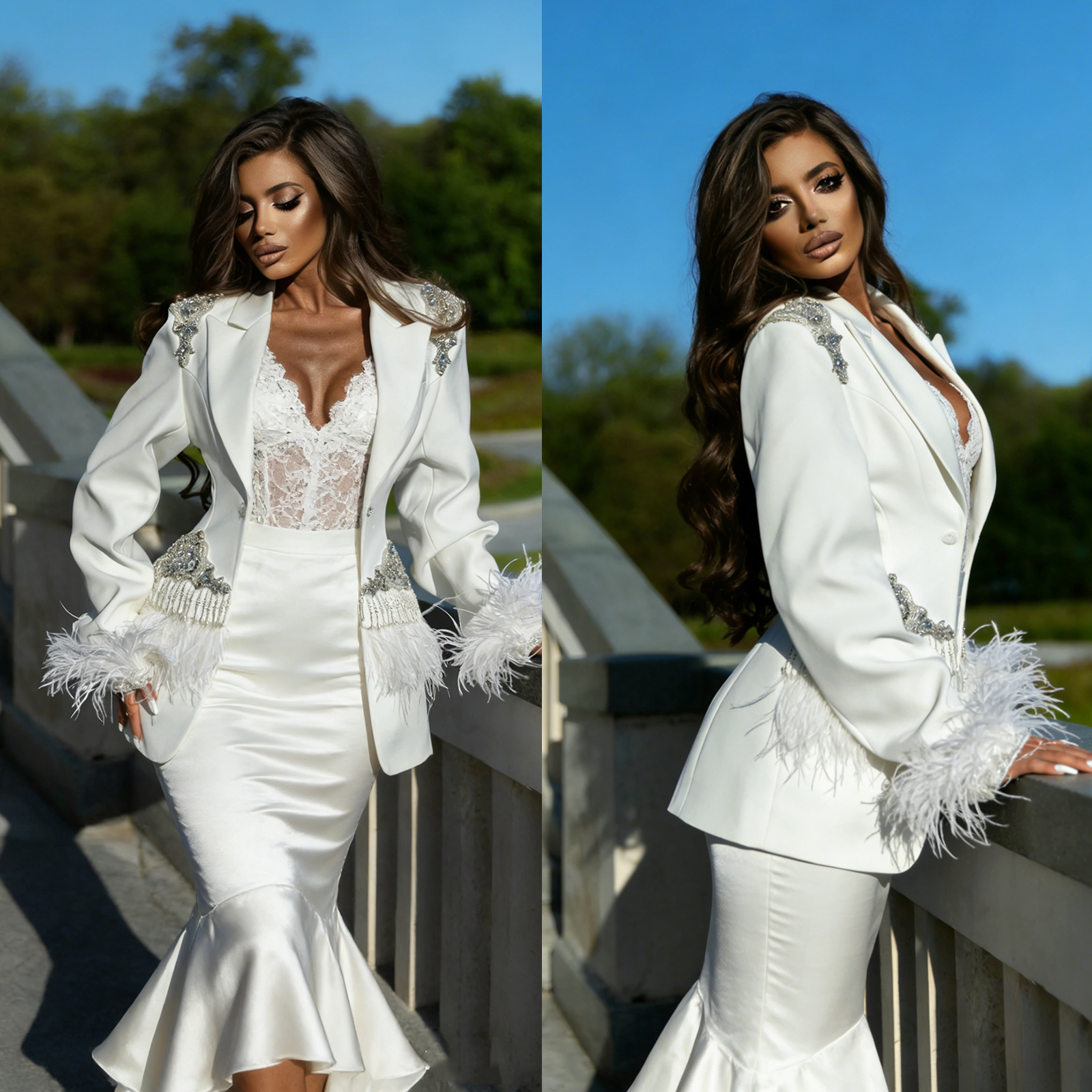Pearl Tassel Feather Cuff Women Blazer Dress One Piece Plus Size Crystal Wedding Guest Dress Customized Birthday Party Dress