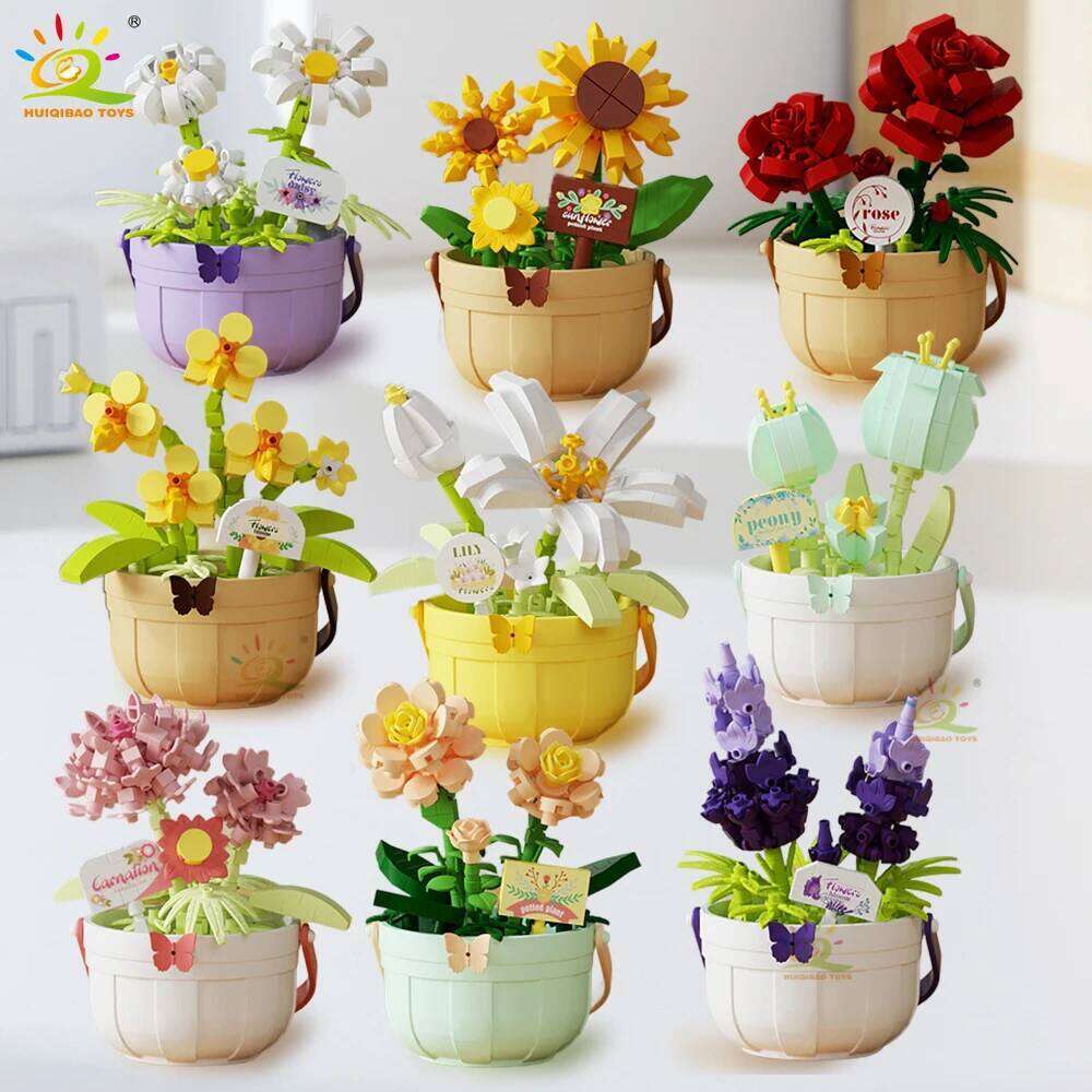 HUIQIBAO MOC Flower Micro Building Block DIY Rose Sunflower Pot Bouquet Mini Diamond Model Brick Toy for Children Desk Decor. Z260306