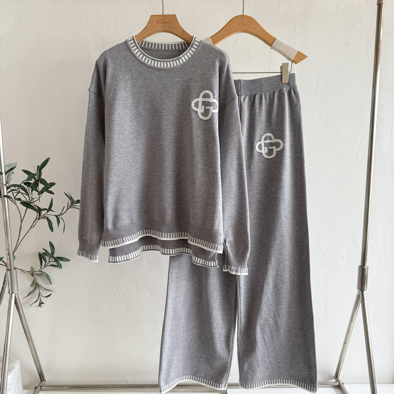 European and American Cross-Border Fashion Woolen Suit Autumn Winter Top + Casual Sports Wide-Leg Pants Knitted Two-Piece Set for Women