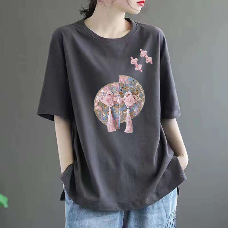 100% pure cotton elegant and fashionable Harajuku slim fit women's loose casual top women's solid color V-neck cotton short sleeved shirt