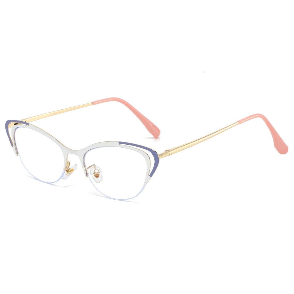 Cool Square Metal Cat-Eye Hollow Half-Rim Eyeglass Frame Anti-Blue Light New Two-Tone Non-Prescription Glasses
