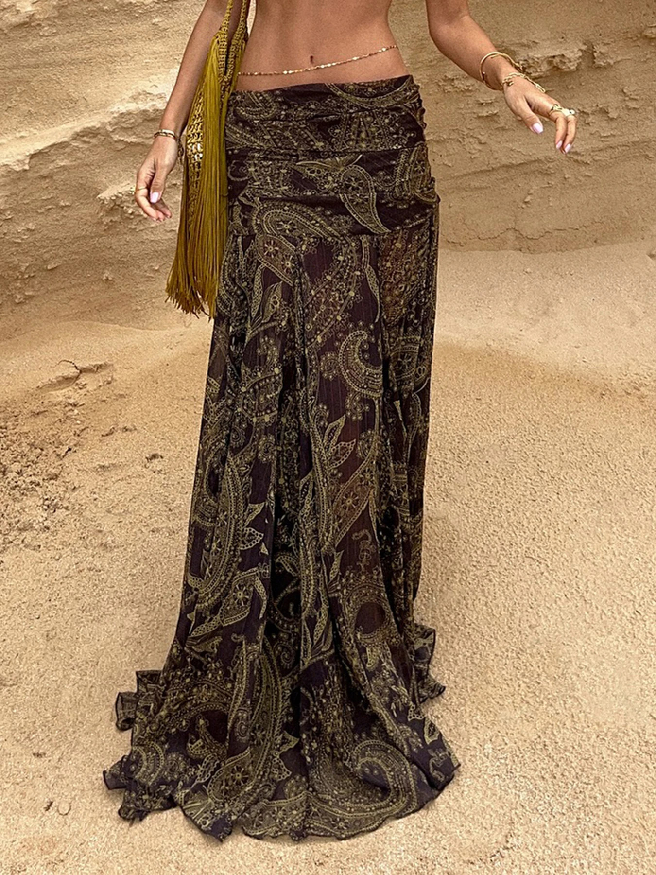 SUCHCUTE Brown vintage Print Low-Waist Skirts For Women Elegant Boho Long Skirt Grunge Fairycore Y2K Aesthetic 2000s Outfits 260306
