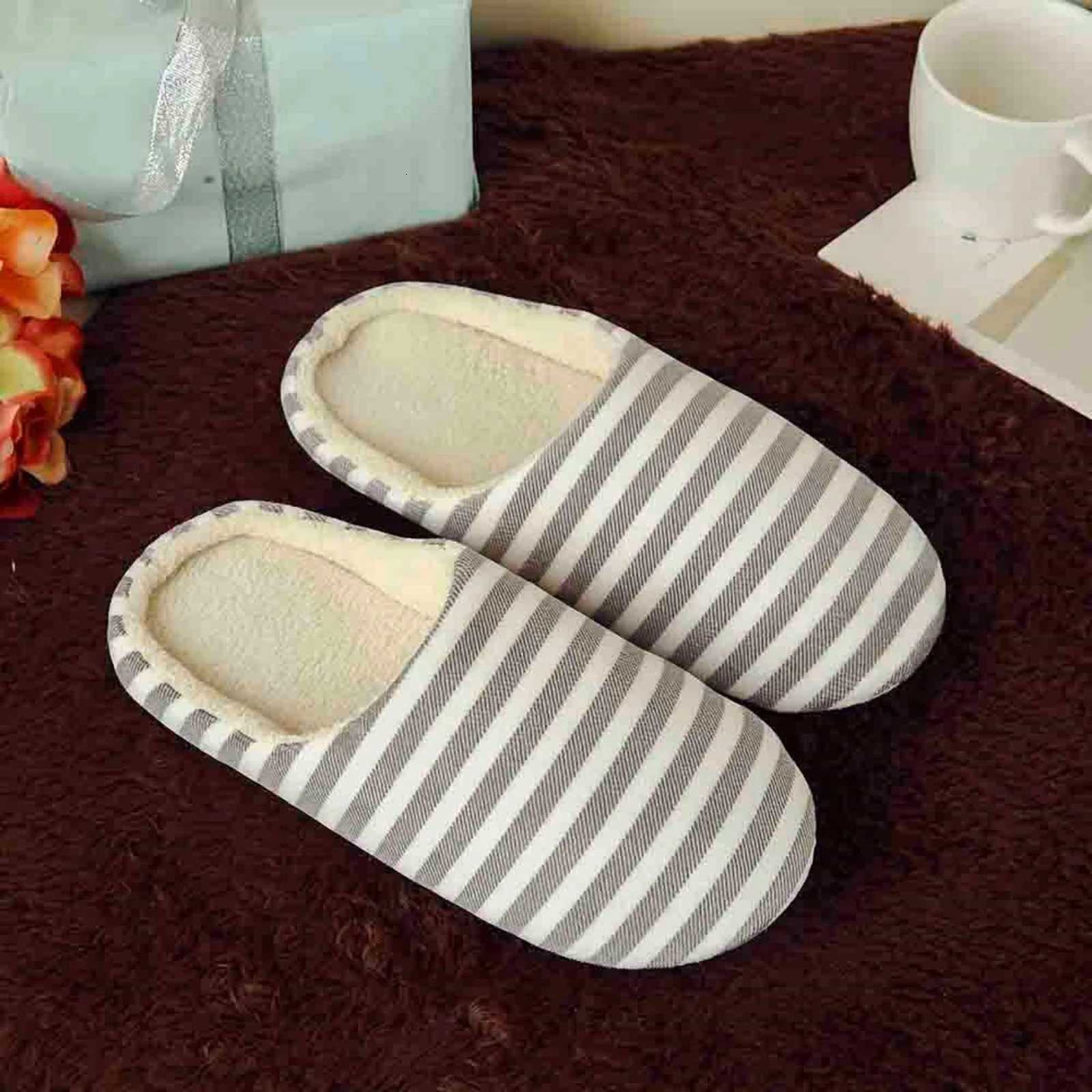 New Slippers Women Men Warm Striped Home Cotton Slippers Women Indoors Slip On Flats Cozy Winter Silent Shoes Woman Soft S260305