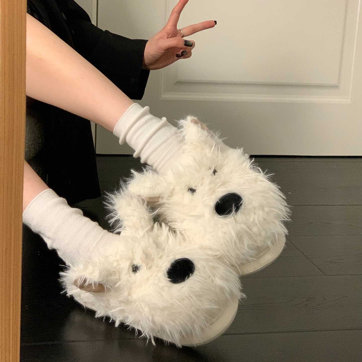 Versatile Scribbled Puppy Furry Slippers for Women Outdoor Wear 2025 Autumn Winter New Thick Sole Height Increasing Warm Closed-Toe Cotton Slippers S2