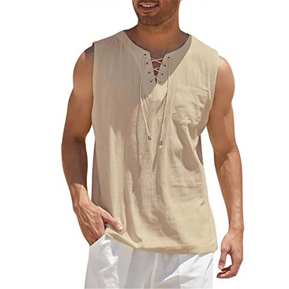 Men Summer Tank Top Sleeveless T-Shirt Lace-up Solid Color Shirt Loose Fit Vest Daily Vest Men Clothing 260306