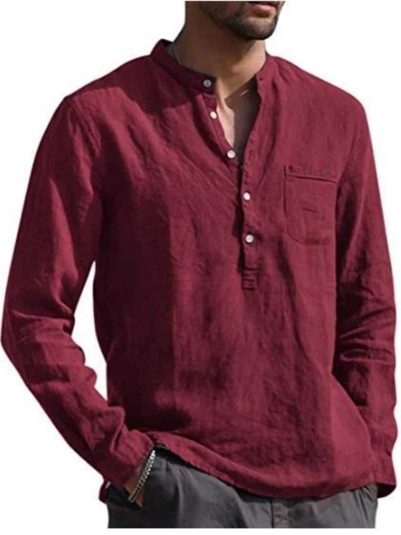 Mens Linen Long Sleeve Shirt - Stand Collar Button-Front Single Chest Pocket Casual Tops for Spring Summer M260305