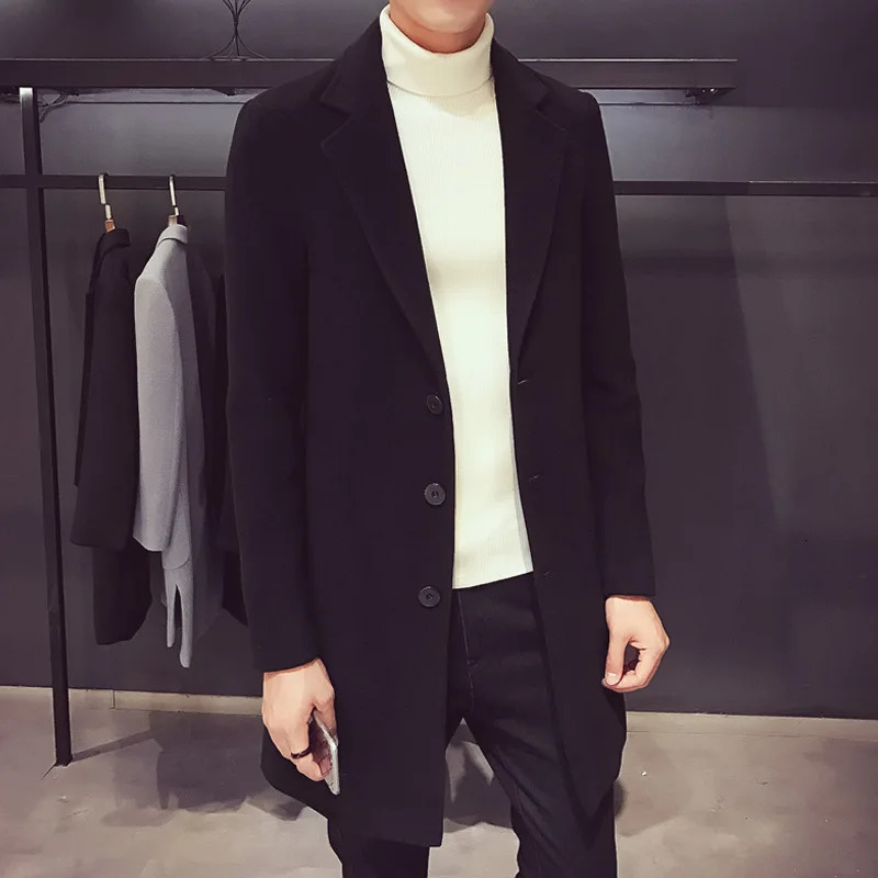 Autumn and Winter Slim Fit Long Wool Coat for Mens Single Breasted Lapel Street Fashion Business Trench Men Clothing 260302