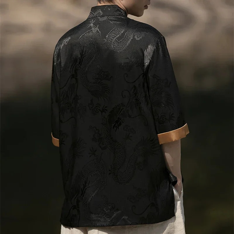 High Quality Summer Chinese Traditional Dress Dragon Embroidery Shirt Men Clothing Ice Silk Half Sleeve Vintage Tops Plus Size 260227