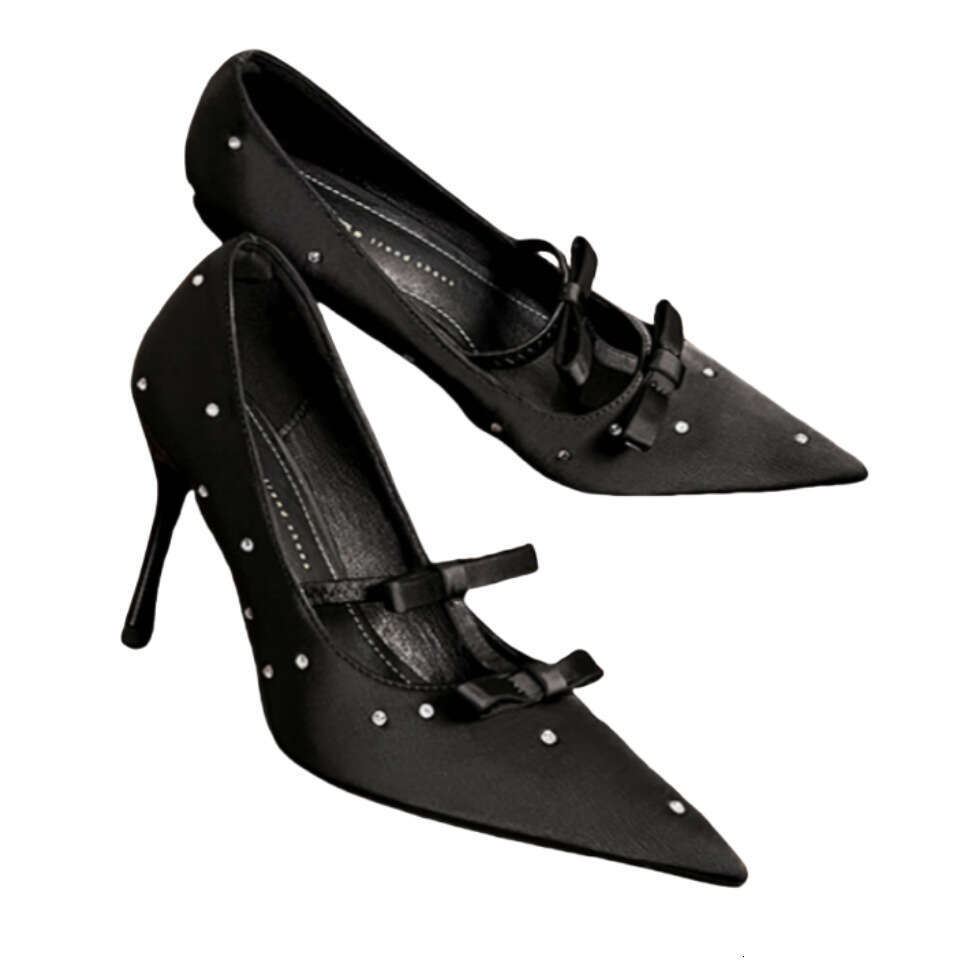 Women 2026 High End Dot French Style Bow Square Toed Black Rhinestone Single Women S Shoes New High Heels