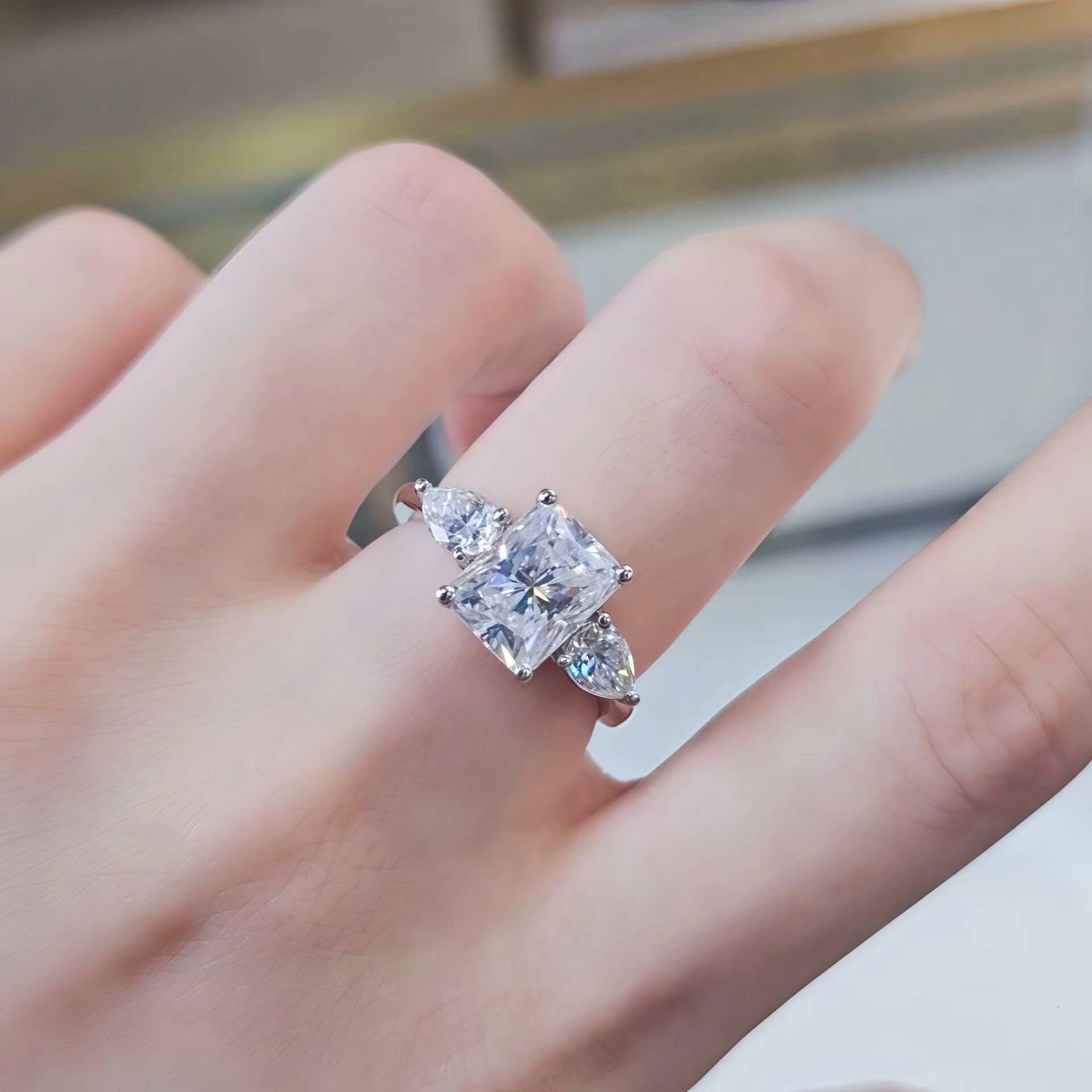 PYQ 3 Three-Stone Radiant Cut Moissanite Ring 925 Sterling Silver Luxury Jewelry Wholesale for Women