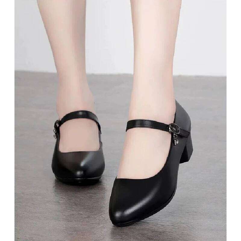 New A/W Women's Medium Heel Pumps - Soft Leather Non-Slip with Adjustable Buckle, Comfortable for Daily & Casual