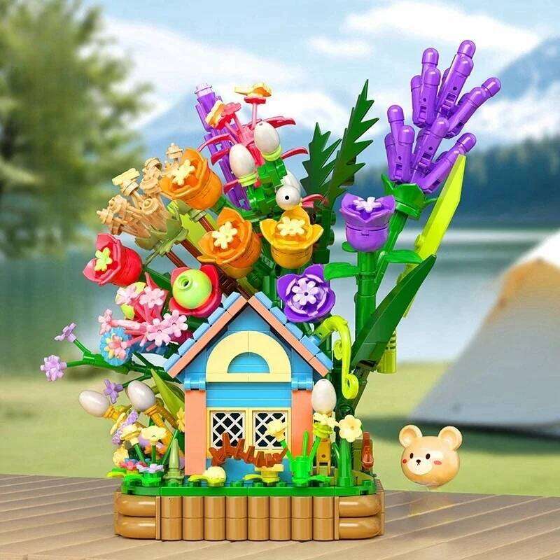 Little Bears Forest Cabin Building Blocks Warm Flower House Model Bricks Set With Desktop Deco Kids DIY Toys Holiday Gift Z260305