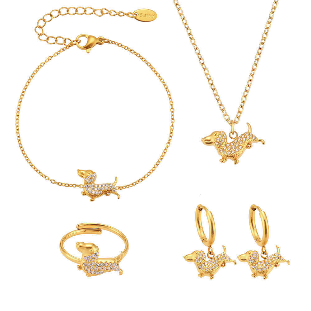 Light Luxury Cute Puppy Full-Diamond Pendant Necklace, Bracelet, Ring, Earrings, Elegant Niche Jewelry Set