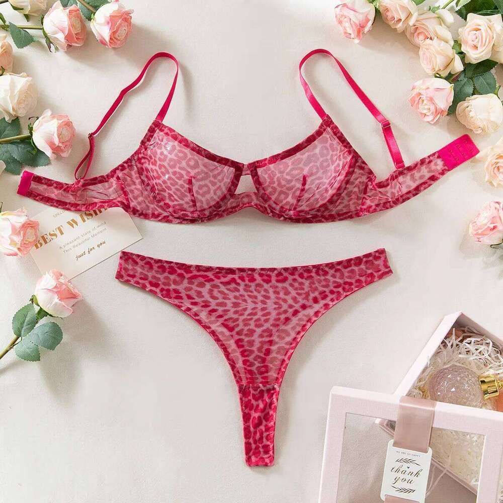 Seamless Leopard Printed Underwire Bra and Panty Set Women Underwear Lace See Through Push Up Sexy Lingerie Outfit