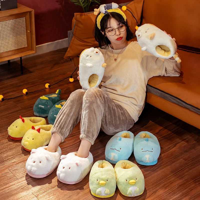 Cute Japanese Anime Plush Home Slippers Penguin Dinosaur Cat Bear Chicken Animal Home Slippers Winter Home Warm Slippers S260305