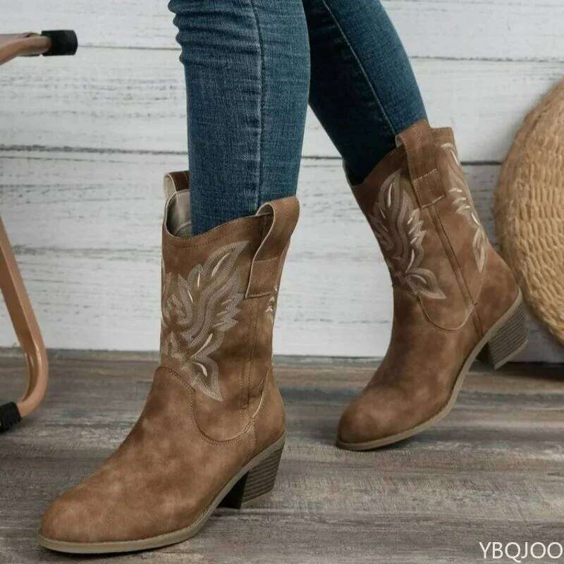 Elegant comfortable shoes autumn winter embroidered thick heel women's retro minimalist midsole pointed boots