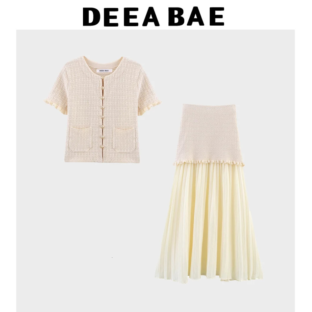 DEEABAE Autumn And Winter Round Neck Buckle Decoration Gentle and Versatile Short Sleeve Knitted Cardigan Half Skirt Set 260305