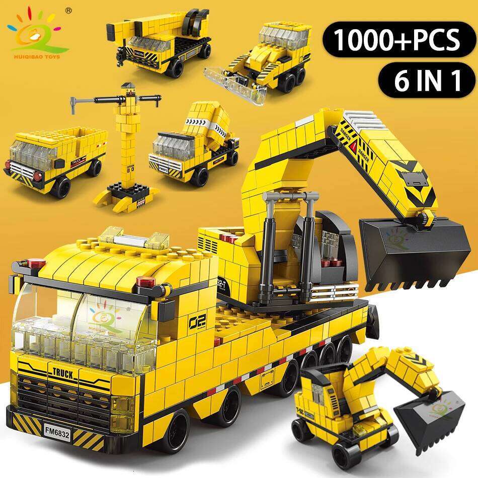 HUIQIBAO 1000pcs 6in1 Engineering Crane Truck Building Blocks City Construction Bricks Bulldozer Car Set For Children Kids TOYS Z260306