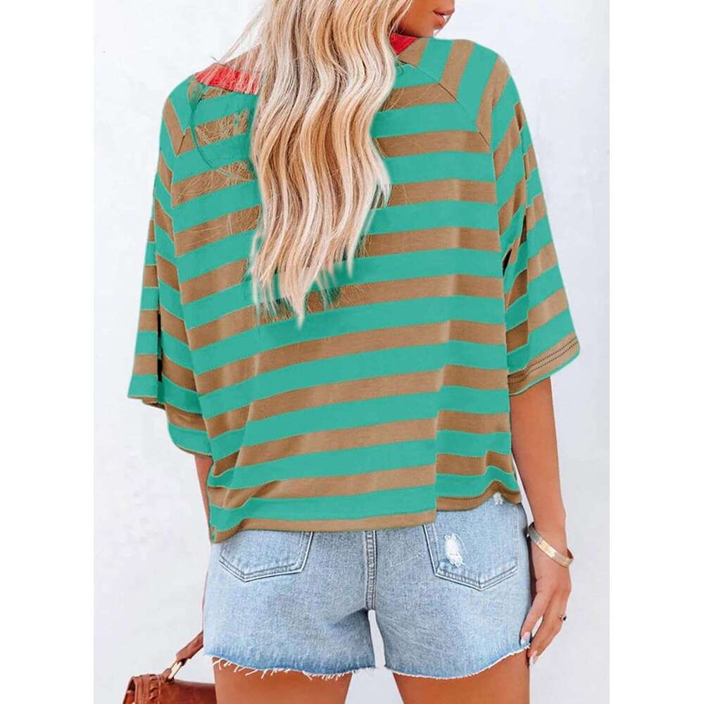 Tops Designer Striped 2026 Fashion T Shirts for Women Color Block Crewneck Design Loose Basic Tee