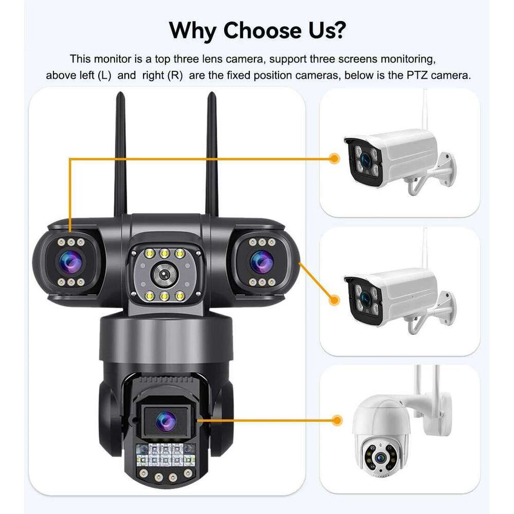 V380 Pro WiFi IP Camera Outdoor 12MP 6K Lenses Triple Screens Security Video Monitor Night Vision Waterproof CCTV Cameras 26W0306