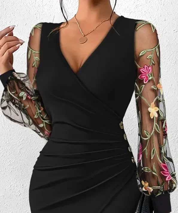 Elegant Floral Embroidered Bodycon Midi Dress with Sheer Mesh Sleeves and V-Neckline - Stylish Button Detail Knee-Length for Wo X260306