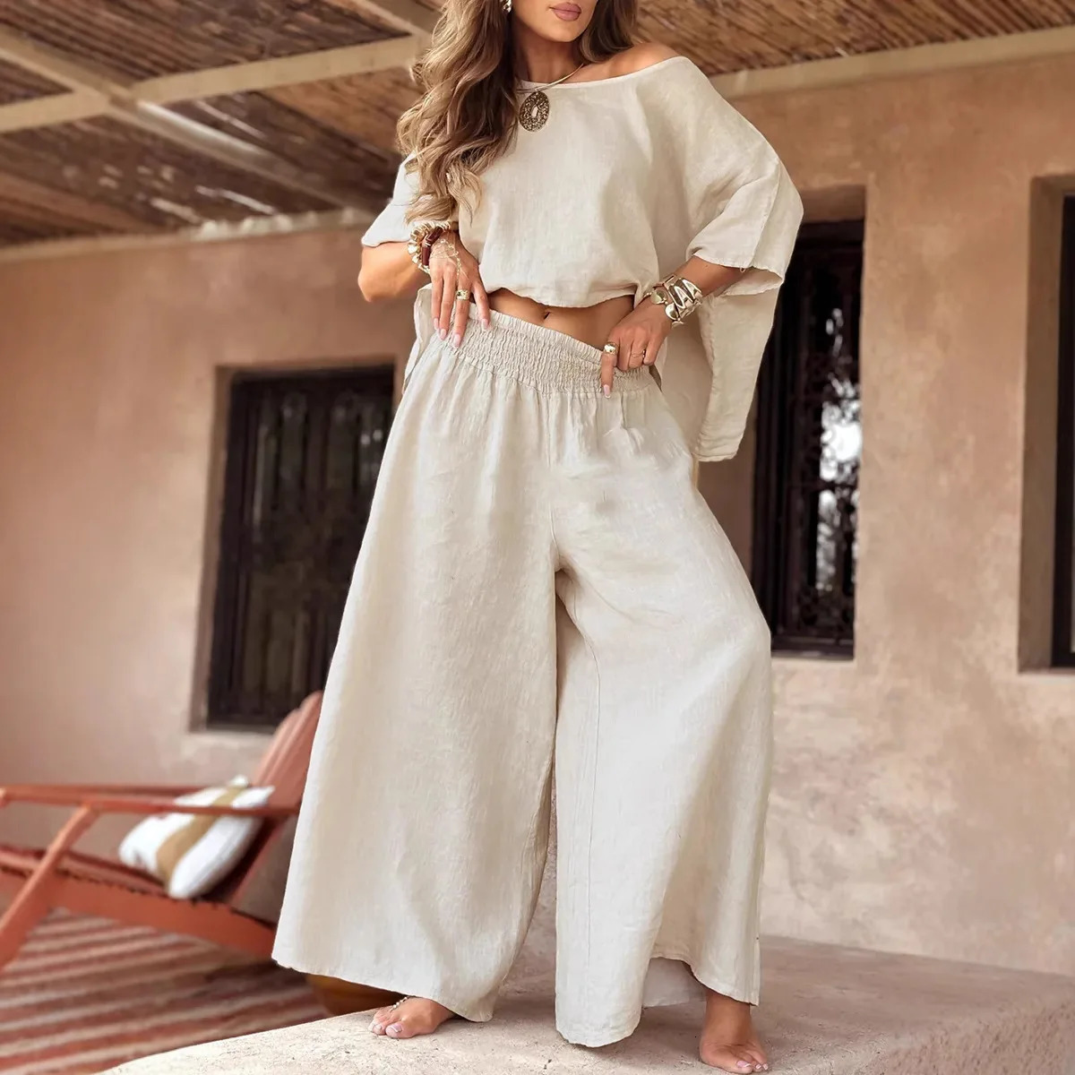 Spring Cotton Linen Women Suit Black Oversize Loose Top Wide-leg Pants Set Female Summer Trendy Casual Elegant Suits Ladies 260305