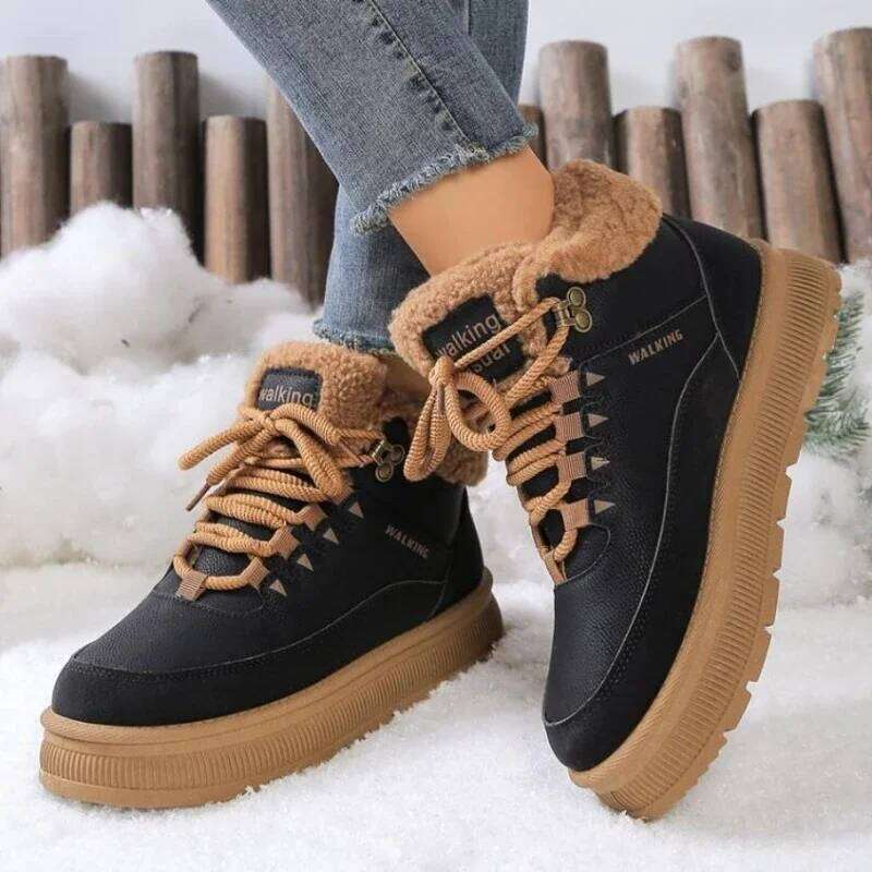 2025 New Thick Bottom Women's Plush Lace Warm Outdoor Non slip Casual Shoes