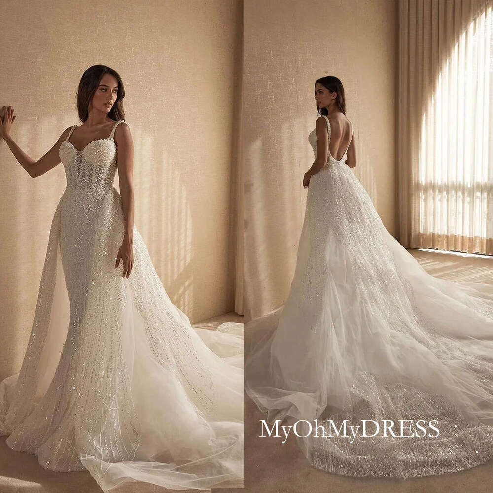 Elegant Mermaid Wedding Dresses Bridal Gown Sweetheart Neck For Women Spaghetti Strap Sequins Slim Fit Sweep Train Dress Custom Made D0306