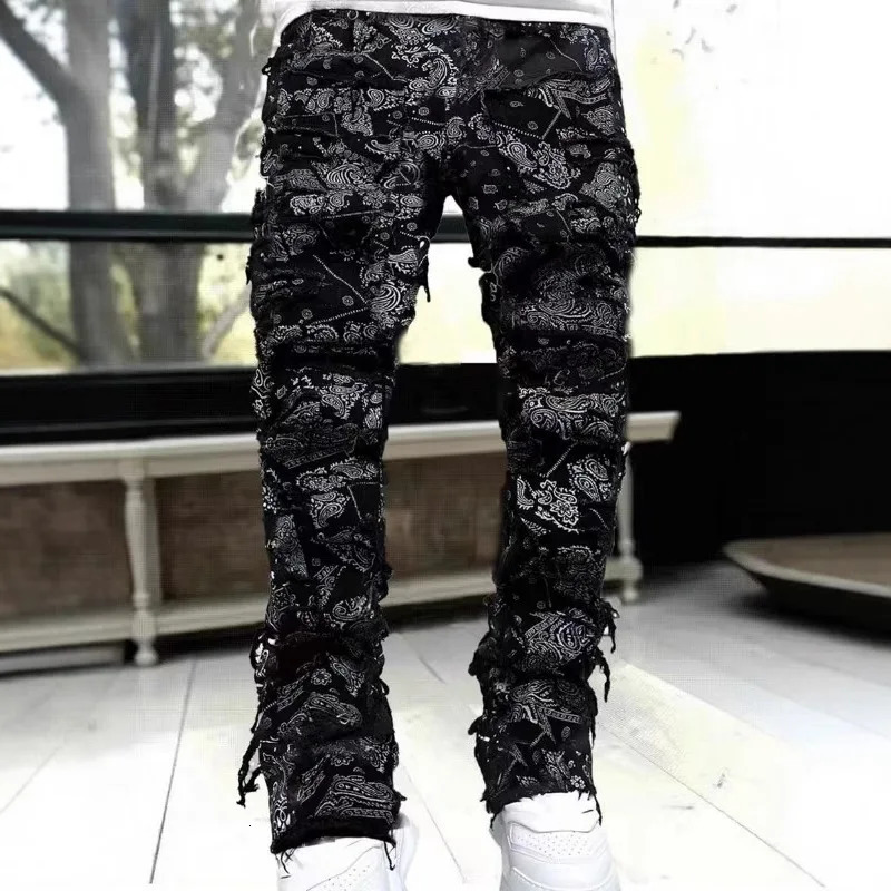 2026 Mens StraightLeg Jeans Street Fashion Stretch Casual Jacquard Denim HipHop Style 260228