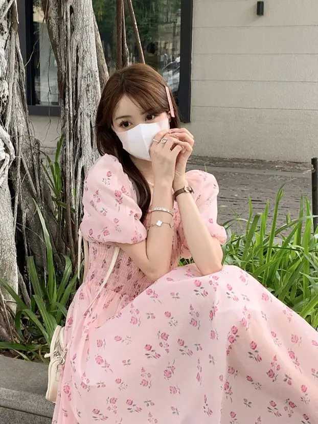 Gentle Floral Square Collar Female Temperament Waist-hugging A-line Puff Sleeve Dress X260306