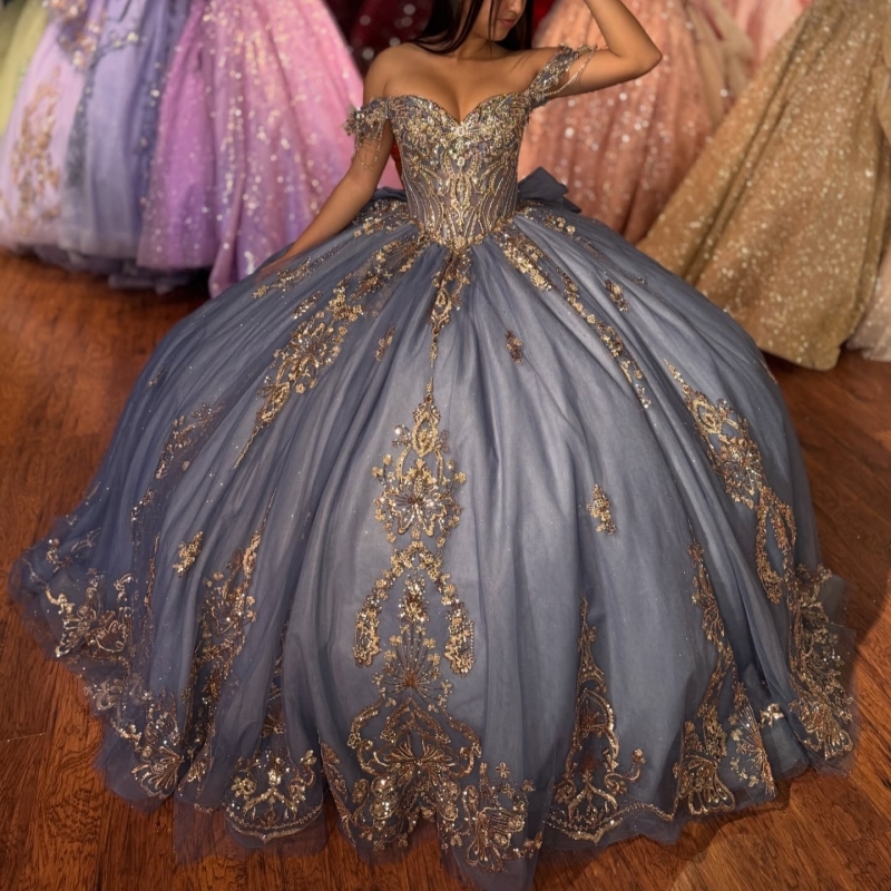 Navy Blue Shiny Quinceanera Dresses Ball Gown Off The Shoulder Gold Applique Lace Beading Crystal Bow Corset Party Birthday Sweet 16 Dress Vestidos 15