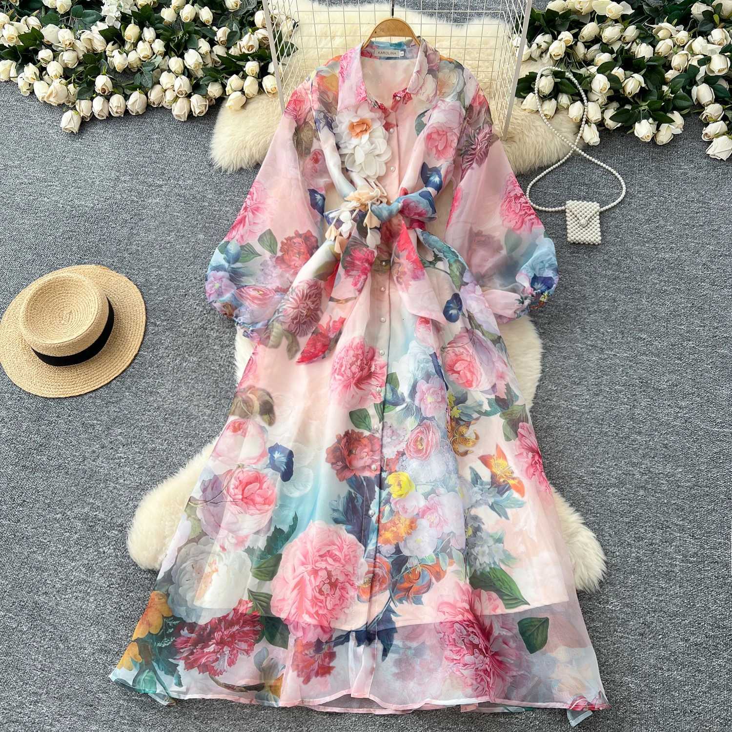 French Style Retro Court Style Print Puffed Sleeves Dress Womens Autumn Tie Strap Waist-cinching Design Long Evening Dress 2025 X260306