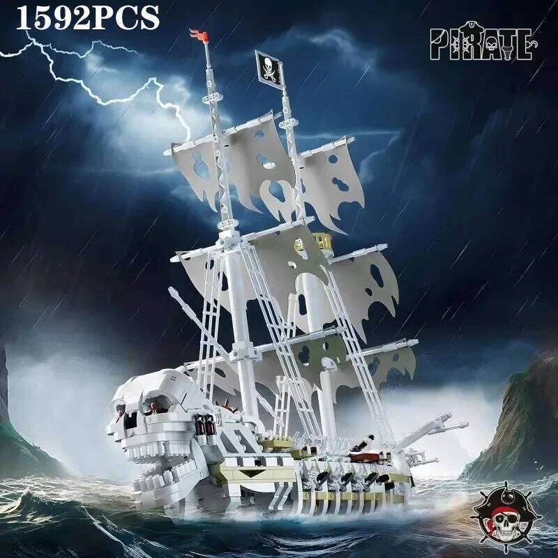 1592PCS Skeleton Ghost Building Blocks Storm Pirate Ship Model Bricks Desktop Decoration Ornaments Kids DIY Toys Idea Gifts Z260306