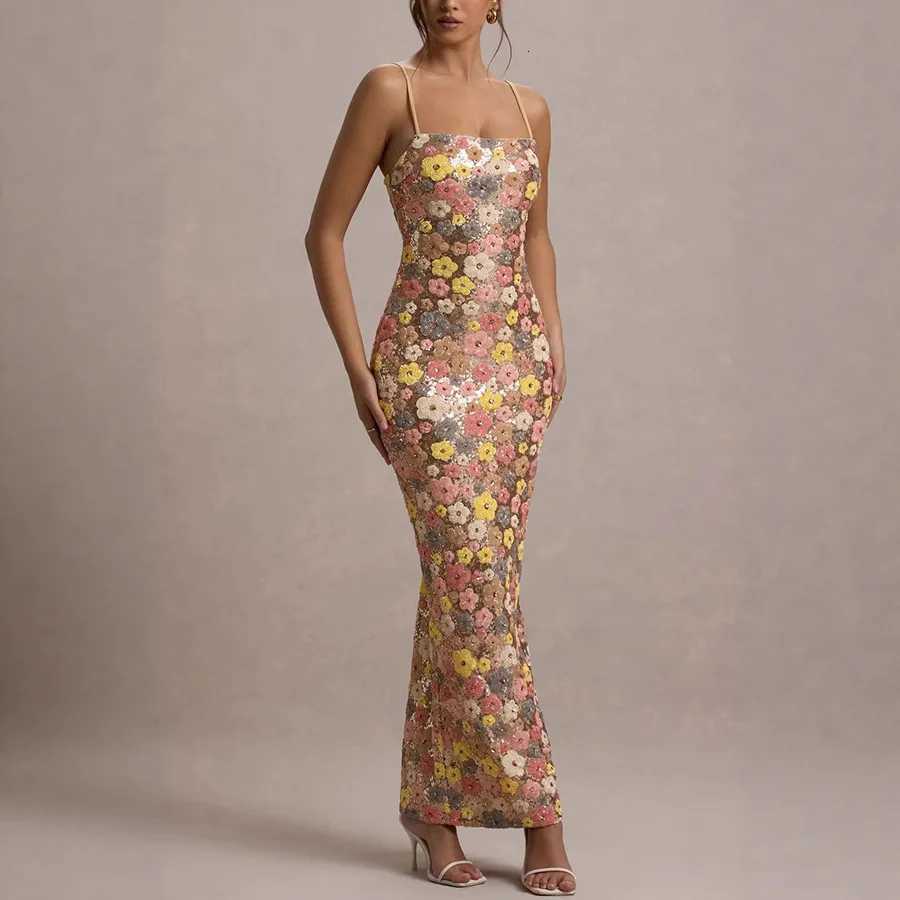 Summ Women Flowers Sequin Patchwork Slim Party Long Dress Strapless Fashion Maxi Dress Sexy Sleeveless Ladies Dress Vestidos X260306
