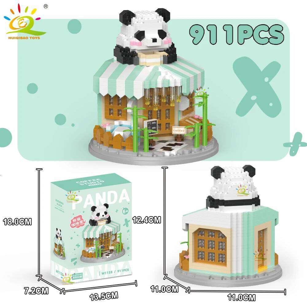 HUIQIBAO Moc Panda View Mini Building Blocks DIY City Street Coffee Shop Model Toys Home Ornaments Decoration Z260306