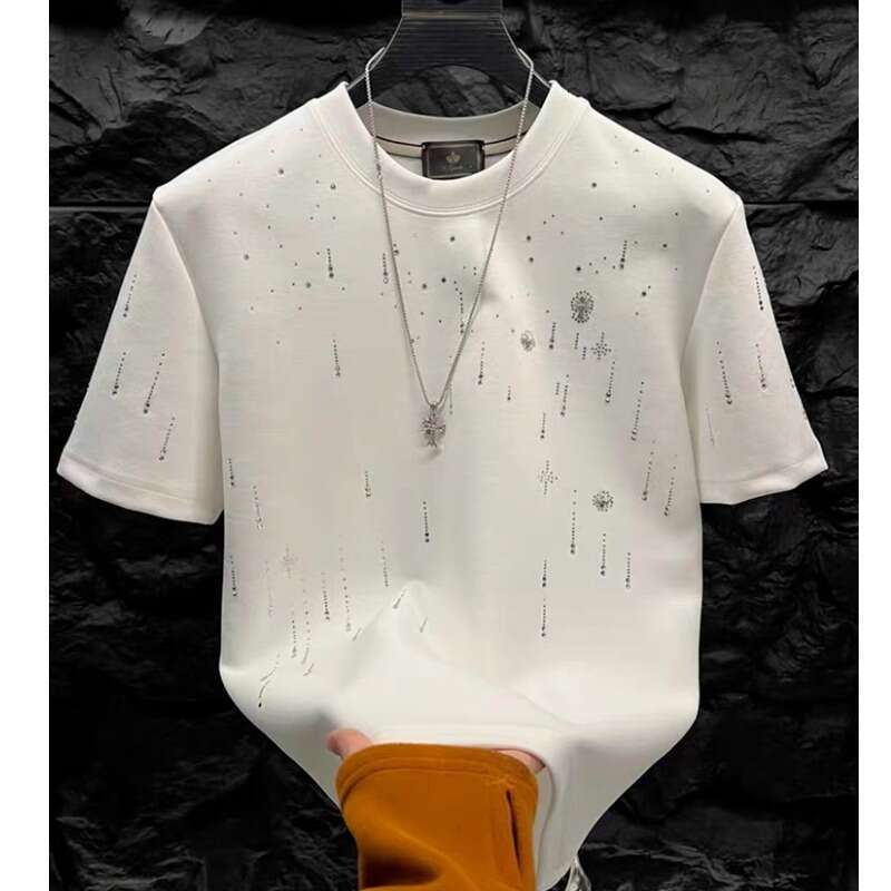 European and American Style Handsome Short Top Heavy Craft Light Luxury Clothing Meteor Hot Stamping T-Shirt Men's Round Neck Half Sleeve Tee