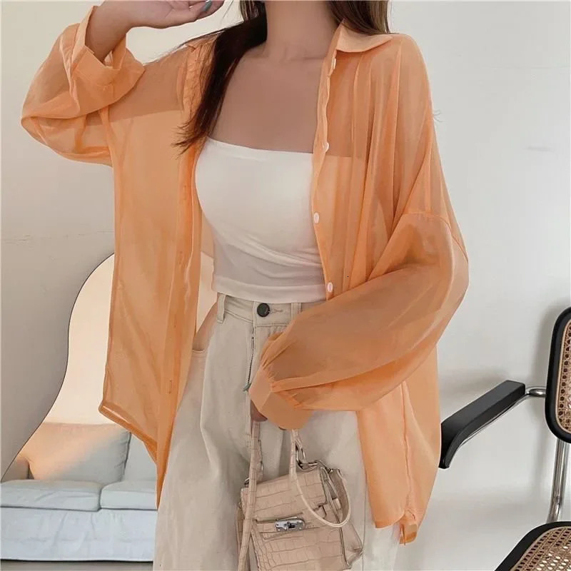 Xpqbb Womens White Chiffon Shirt Sheer Thin Long Sleeve Sun Protection Blouse Woman Casual Loose Simple Single-breasted Shirts 260306