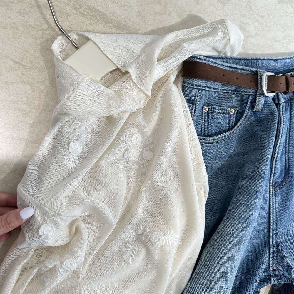 Mardi Hefxessdr Embroidered Lace Shirt Short Sleeve Top Summer Style Floral Pattern round Neck Three-Quarter Sleeve Button Chinese style shirt women&#