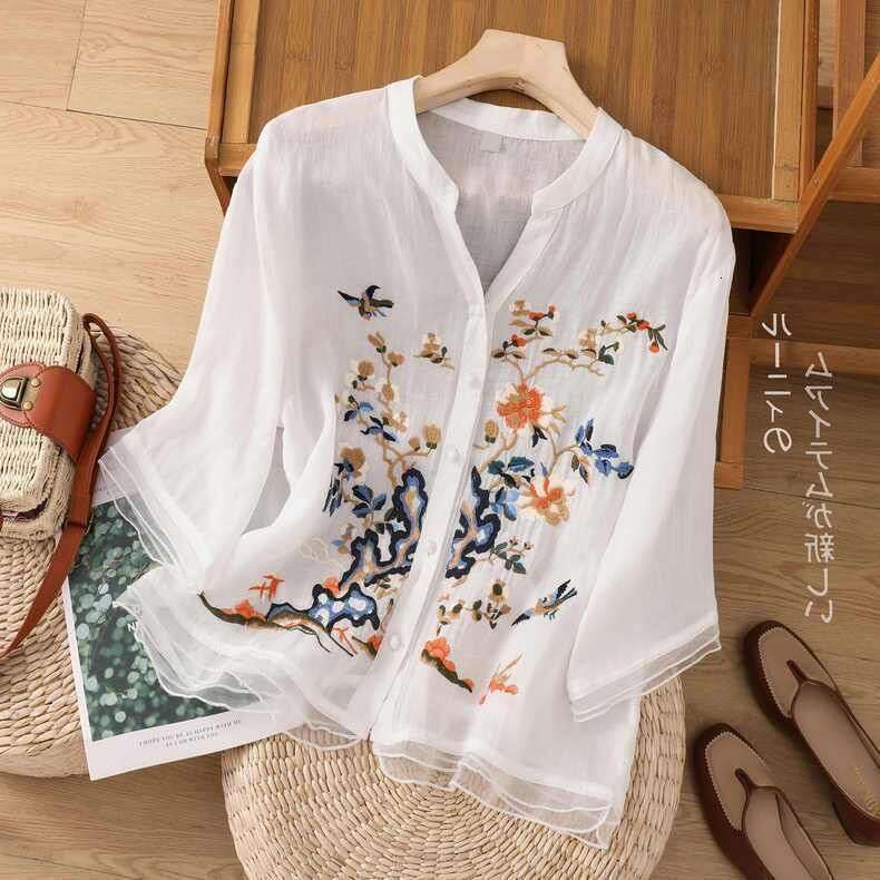 High-end Cotton and Linen Tops Female 2026 Summer New Embroidered Cardigan Shirt New Chinese Style Embroidered pattern shirt