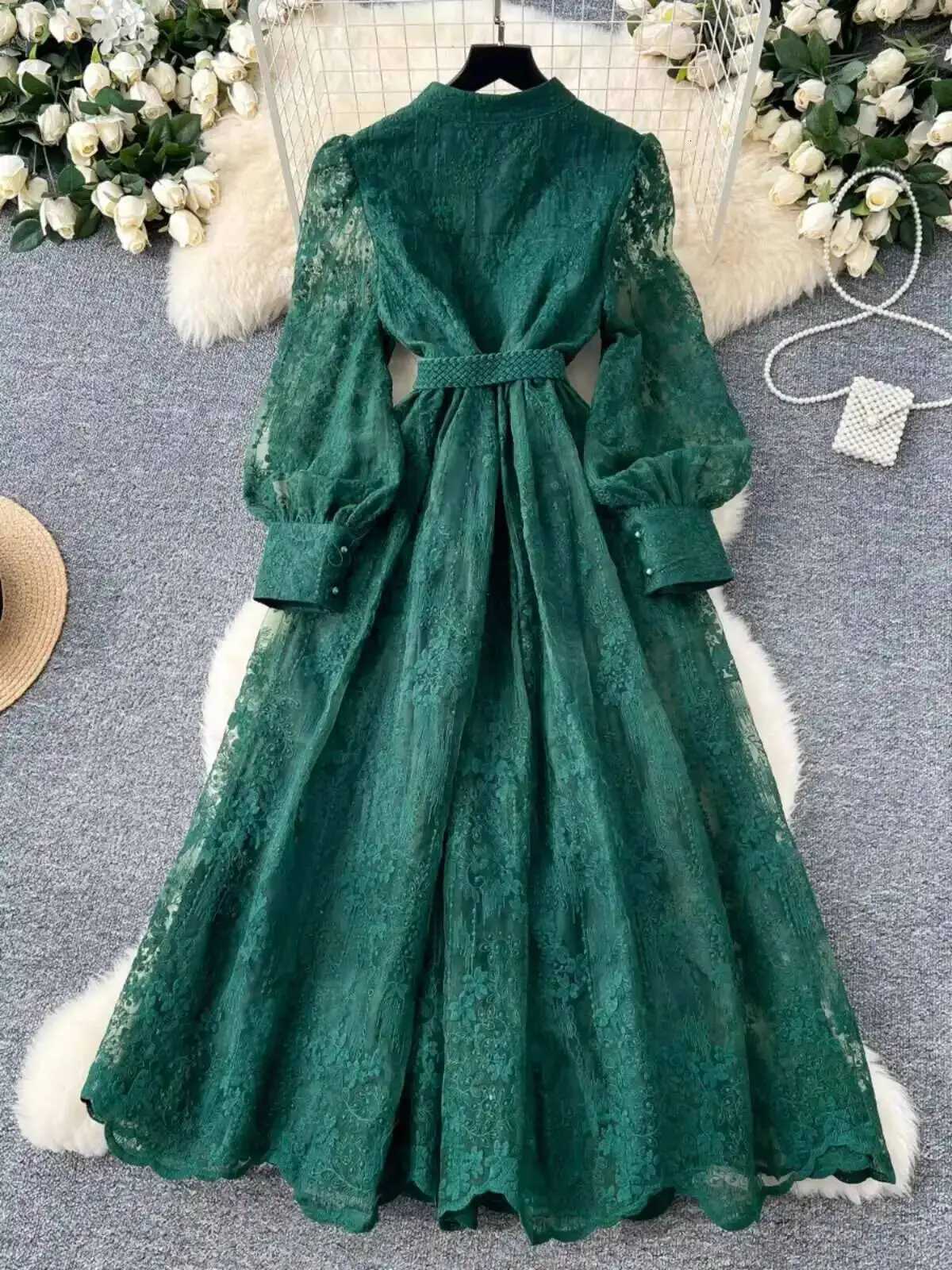 Luxury Embroidery Formal Dresses Women Summer Autumn Lantern Long Sleeve Lace Vestidos Pearl Prom Evening Birthday Dress Party X260306