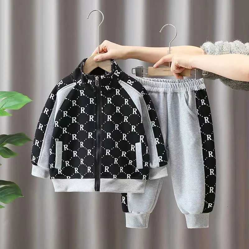 Kids Tracksuits 2Pcs, 2-10Y Boys R Letter Patchwork Cotton Jacket & Pants Set, Spring Autumn Casual Sports OutfitsT260306