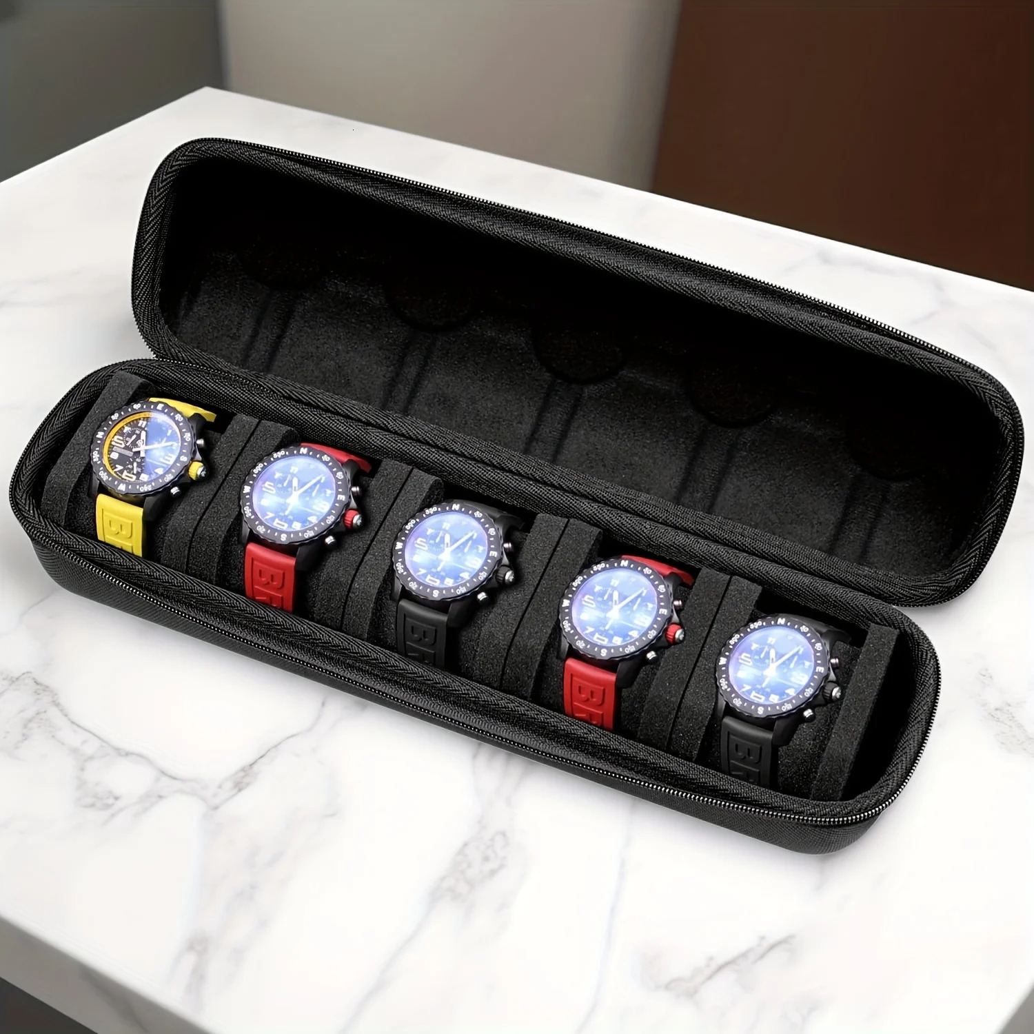 1pc 5-Slot Watch Case Hard Shell Travel Organizer with Pillow Insert - Gift Ready Blacksuitable for smart watch storage 260304
