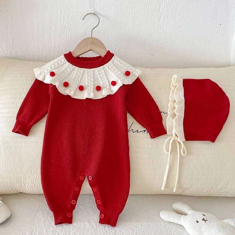 2025 New Autumn Children Clothes Infant Girls Long Sleeved Splicing Jumpsuit Newborn Baby Knitted Bodysuits+Hat Z260306