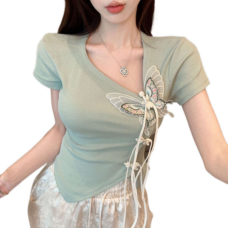 New Chinese Style Short Sleeve Tshirt Irregular Frog Button Short Top Chinese Style Butterfly Tassel Buckle Women Skew Collar Slim-fit Tee Tops