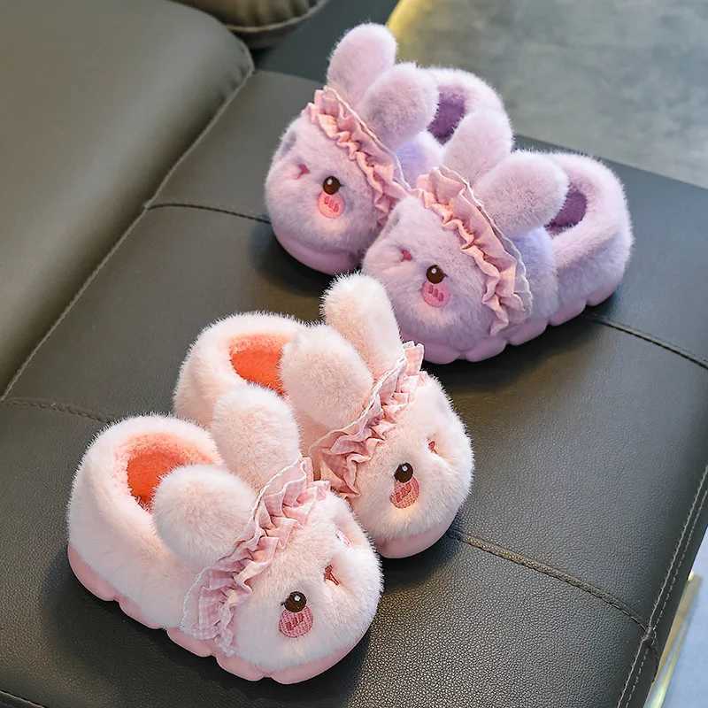 Winter Plush Slippers with Rabbit Design - Warm Fleece-Lined House Shoes Cute Animal Slides with Closed Back for Women Girls S260305